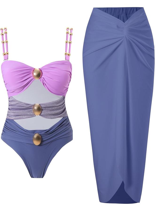 Y&D Women's One Piece Swimsuit with Cover up Set Beach Wrap Skirt Retro Bikini Set Two Piece Bathing Suit with Cover up - Image 1