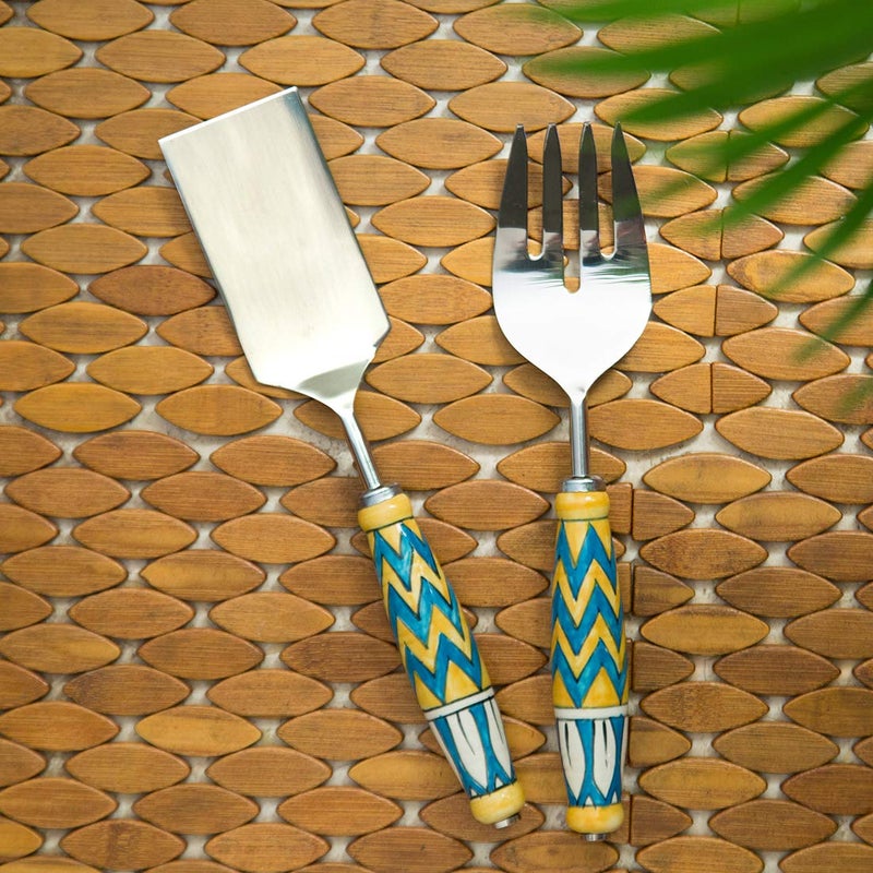 ExclusiveLane ExclusiveLane The Mughal Paich Daar HandPainted Serving Fork Scraper In Stainless Steel Ceramic Set of 2 Cake Cutter Slicer Salad Server Fork for Kitchen Serveware Dinning Table Accessories  - Image 1
