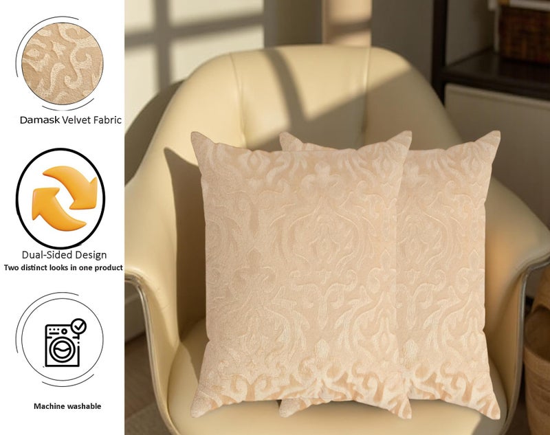 STARNSTYLE Velvet Decorative Cushion Cover 24x24 Inch - Set of 2, Soft Solid Damask Square Throw Pillow Covers for Sofa, Living Room or Home Decor - 60x60 cm Beige - Image 2