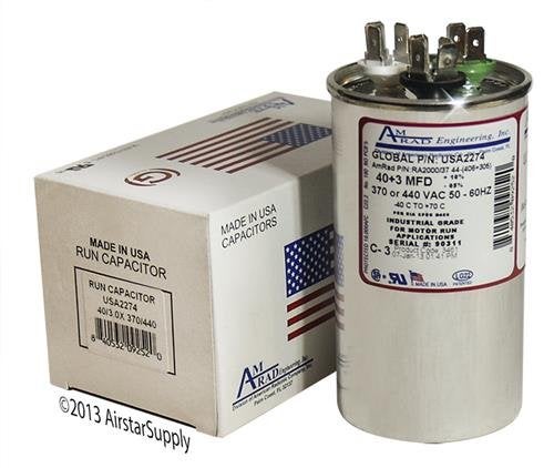 AMRAD 40 + 3 uf/Mfd Round Dual Universal Capacitor Replacement Amrad USA2274 Replacement - Used for 370 or 440 VAC, Made in The U.S.A. - Image 1