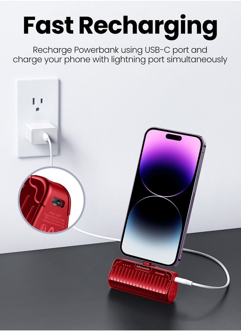 Moxedo - Moxedo Capsule 5000 mAh Mini Power Bank 20W PD Fast Charging Portable Charger with Built-in Lightning Connector with Kickstand Compatible for iPhone 14/14 Pro Max/13/12/11/X/8/7/6 Plus (Red) - Image 1
