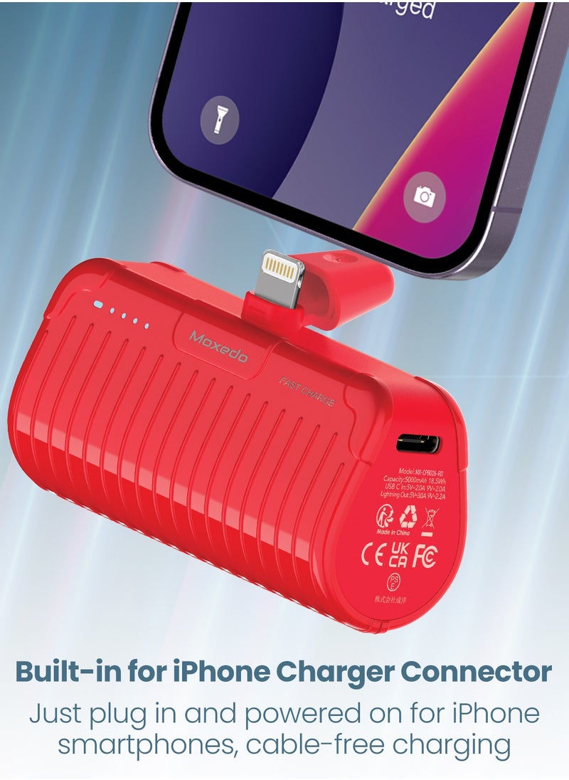 Moxedo - Moxedo Capsule 5000 mAh Mini Power Bank 20W PD Fast Charging Portable Charger with Built-in Lightning Connector with Kickstand Compatible for iPhone 14/14 Pro Max/13/12/11/X/8/7/6 Plus (Red) - Image 1