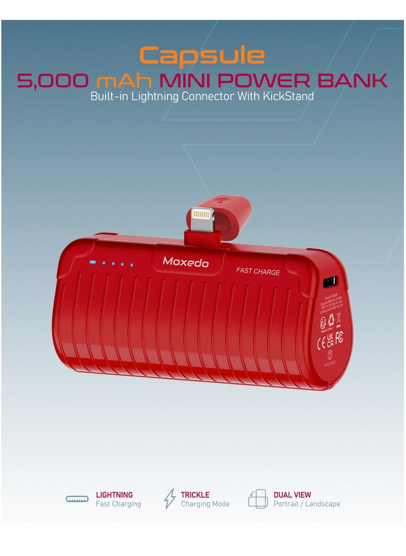 Moxedo - Moxedo Capsule 5000 mAh Mini Power Bank 20W PD Fast Charging Portable Charger with Built-in Lightning Connector with Kickstand Compatible for iPhone 14/14 Pro Max/13/12/11/X/8/7/6 Plus (Red) - Image 1