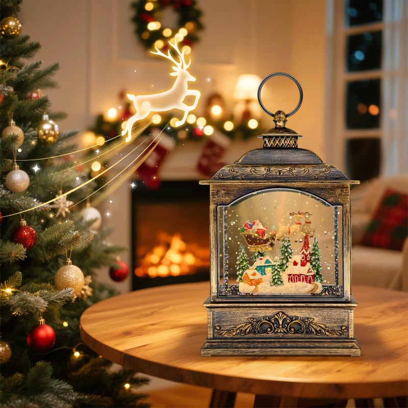 LLIBTYT Snow Scene Square Lantern, Containing A Snow Globe with Sparkling Glitter, Christmas Snow Scene Square Lantern with Santa Claus - Image 1