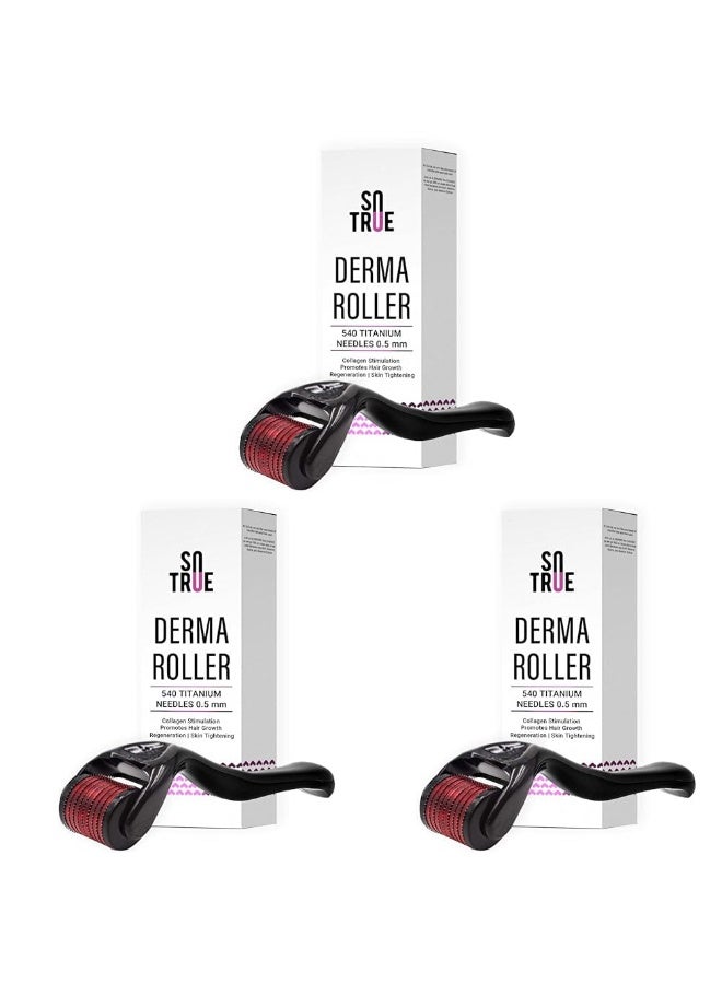 So True Sotrue Derma Roller For Hair Growth 0.5 mm with 540 Titanium Needles | Repairs Damaged Hair, Activates Hair Follicles | For Hair Fall & Hair Thickening | Reduces Acne Scars | Safe & Effective To Use (set of 3) - Image 1
