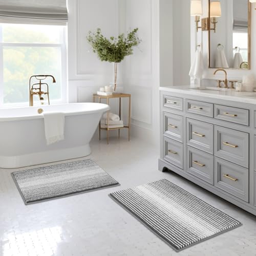 BSICPRO Bathroom Rugs and Mats Sets 2 Piece Thick Absorbent Chenille Bath Mat Rug Set Non Slip Soft Shaggy Room Floor for Bathroom Machine Washable 20 x 32 Plus 16 24 Gray