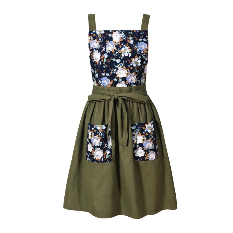 Pinknoke Vintage Pinafore Apron Dress for Women with Pockets Cute Floral Chef Aprons for Kitchen Cooking Baking Gardening (Olive Green) - Image 1