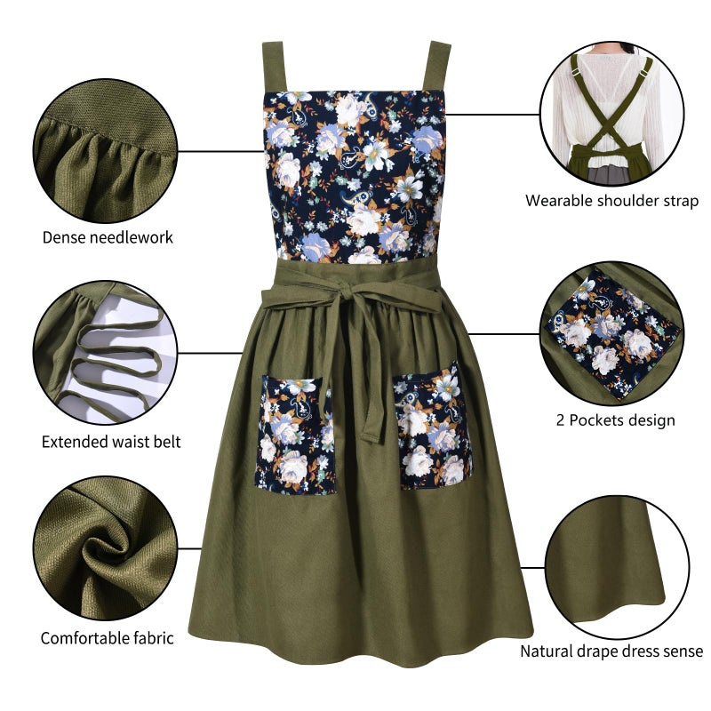 Pinknoke Vintage Pinafore Apron Dress for Women with Pockets Cute Floral Chef Aprons for Kitchen Cooking Baking Gardening (Olive Green) - Image 5