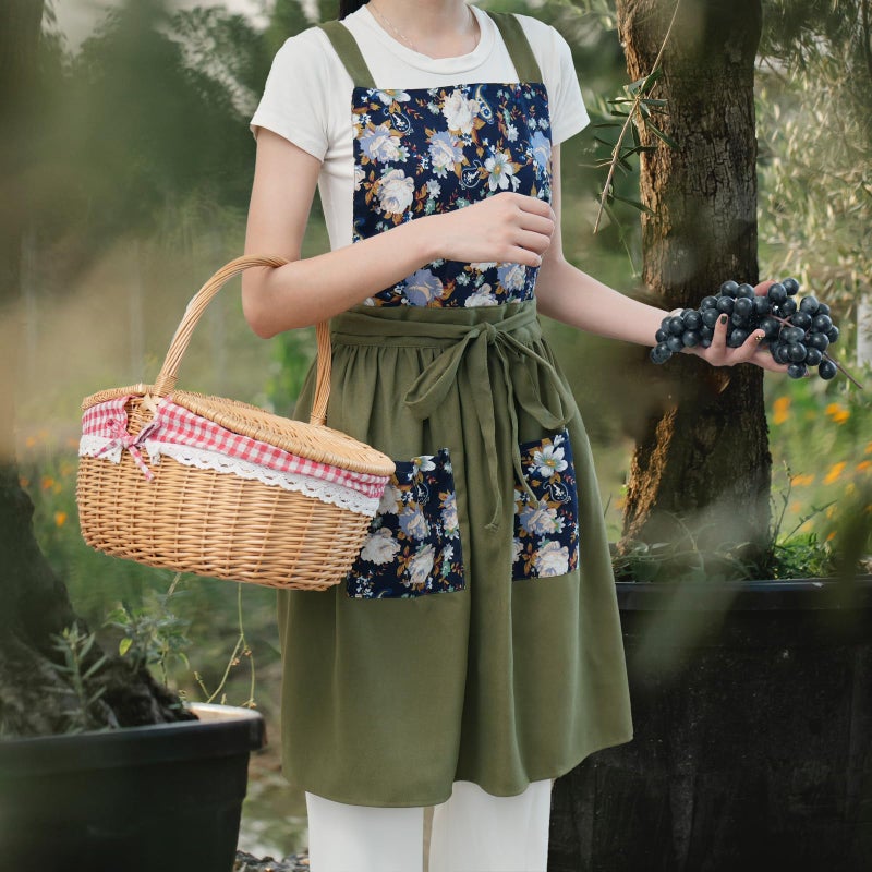 Pinknoke Vintage Pinafore Apron Dress for Women with Pockets Cute Floral Chef Aprons for Kitchen Cooking Baking Gardening (Olive Green) - Image 2