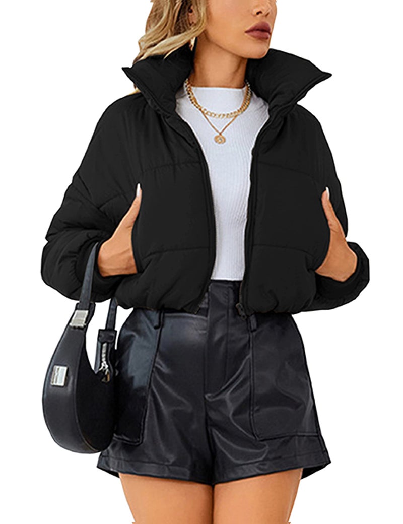 Lumister Womens Lightweight Quilted Jacket Long Sleeve Stand Collar Zipper Cropped Puffer Jacket Coat(0407-Black-M) - Image 1