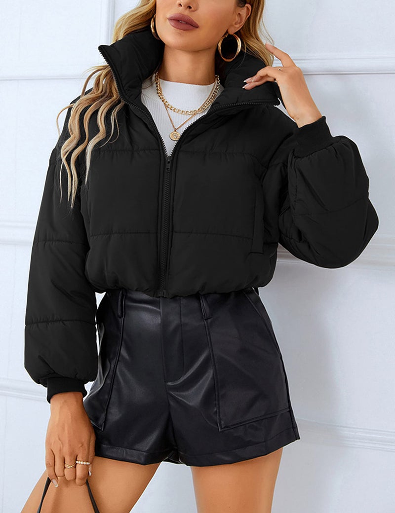 Lumister Womens Lightweight Quilted Jacket Long Sleeve Stand Collar Zipper Cropped Puffer Jacket Coat(0407-Black-M) - Image 2