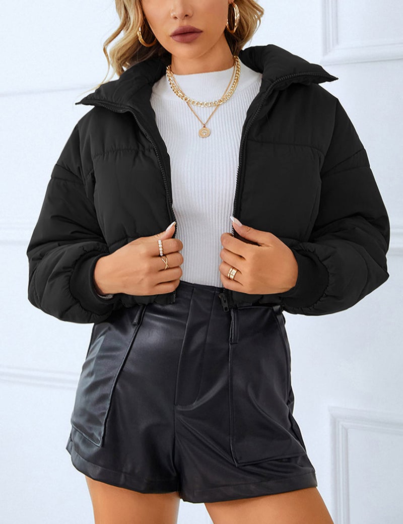 Lumister Womens Lightweight Quilted Jacket Long Sleeve Stand Collar Zipper Cropped Puffer Jacket Coat(0407-Black-M) - Image 3