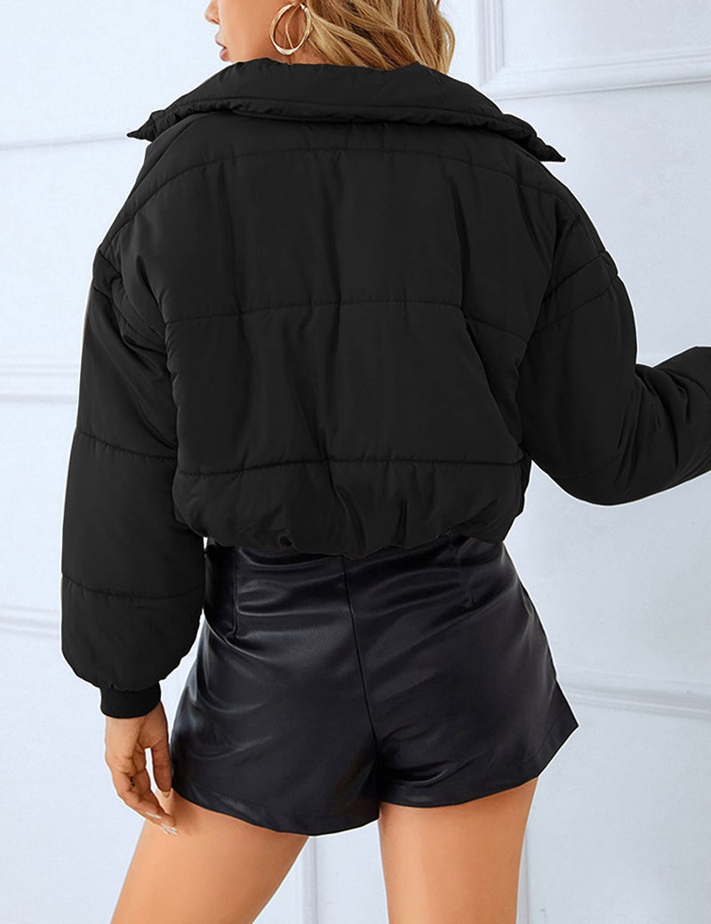 Lumister Womens Lightweight Quilted Jacket Long Sleeve Stand Collar Zipper Cropped Puffer Jacket Coat(0407-Black-M) - Image 4