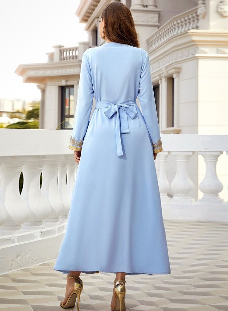 Loquat Long-Sleeved Fake Two-piece Dress Spring Travel Elegant Fashion Long Skirt Blue - Image 2