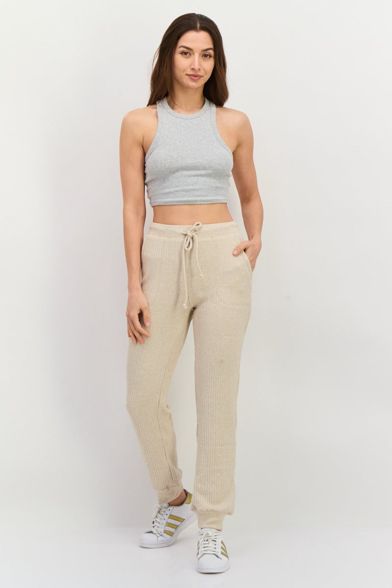 NIA Women Regular Fit Ribbed Jogger Pants, Beige - Image 2