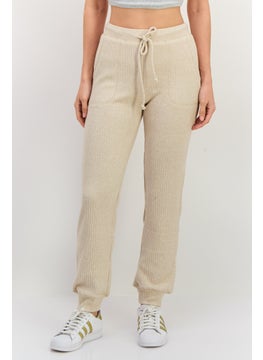 NIA Women Regular Fit Ribbed Jogger Pants, Beige  - Image 1
