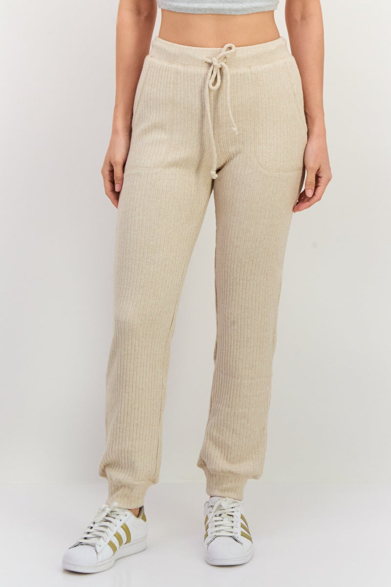 NIA Women Regular Fit Ribbed Jogger Pants, Beige - Image 1
