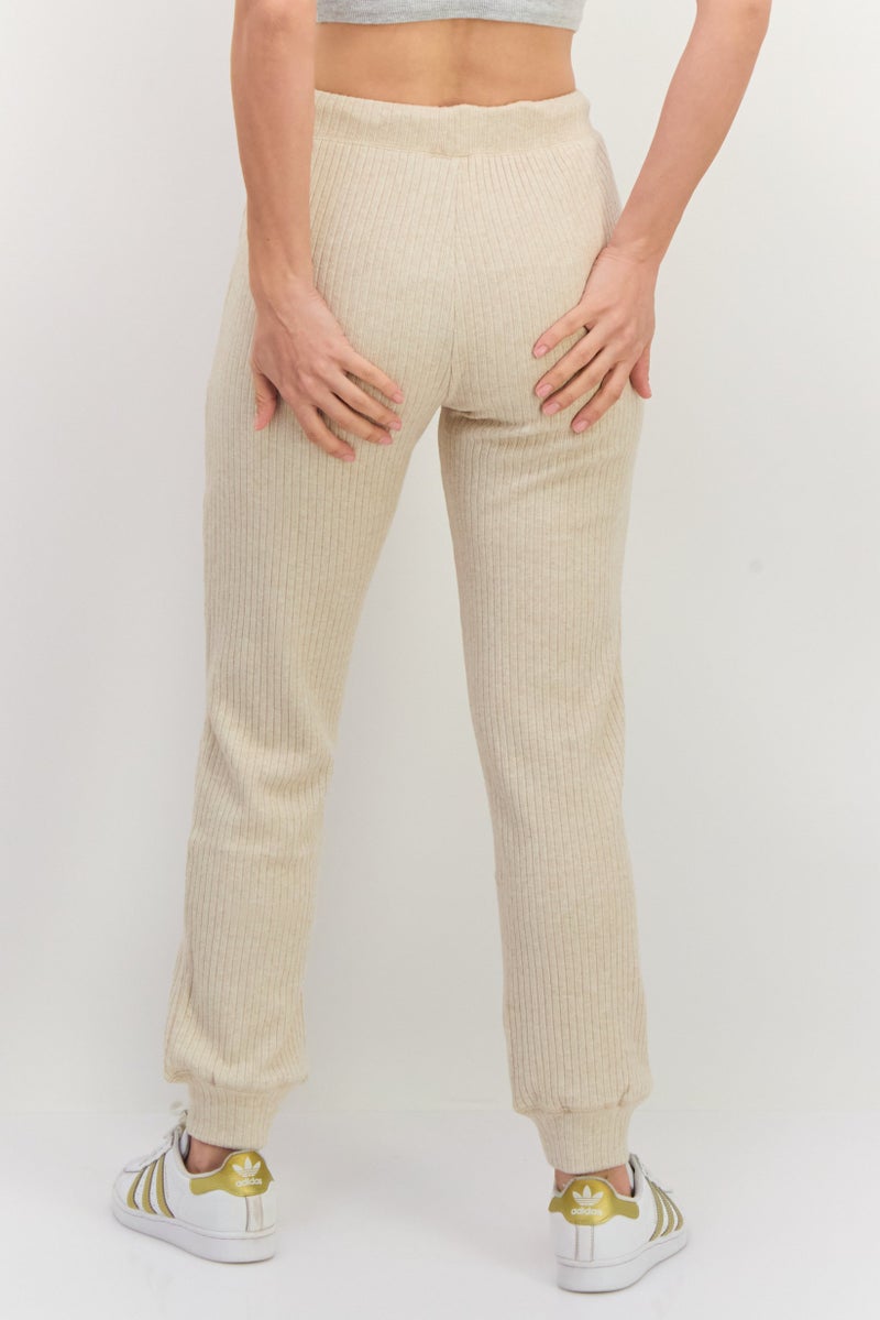 NIA Women Regular Fit Ribbed Jogger Pants, Beige - Image 4