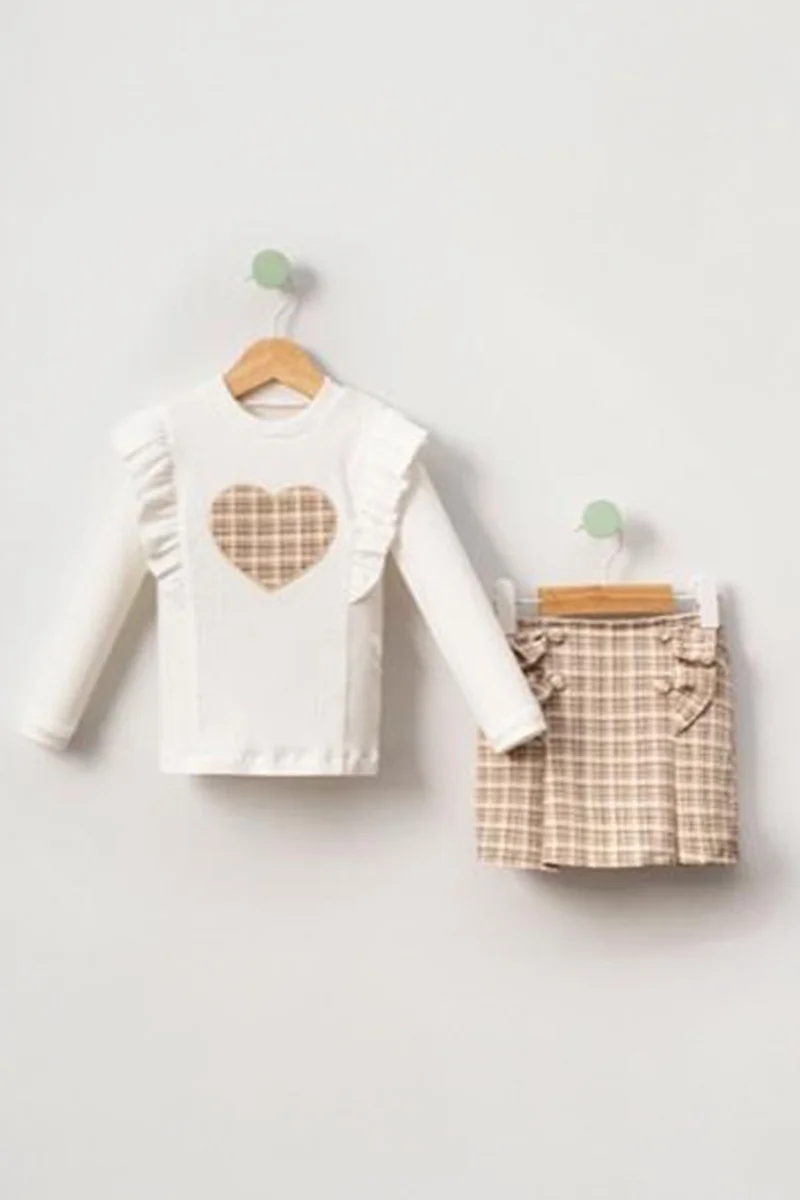 مينيمن جيجيليري My Little Ones (2-9 Years Old) Plaid Ruffled Heart Detailed Girl's Set - Beige