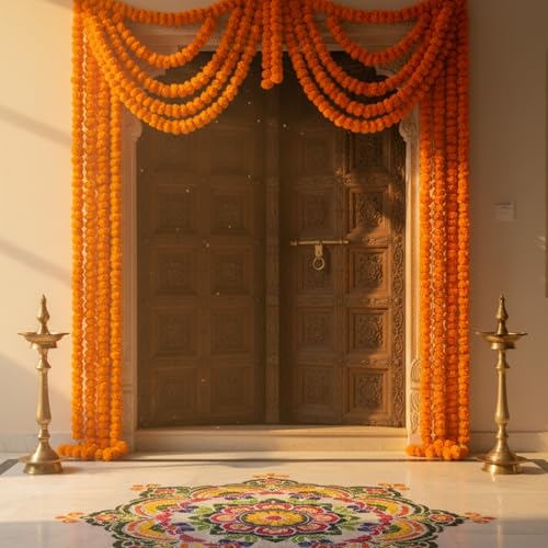 Caneuf Artificial Marigold Flower Garlands Toran for Diwali, Wedding, Navratri, Durga Pooja Vibrant Genda Phool Decoration for Door & Wall Hangings for Festival & Pooja Samagri Pack of 5 (Dark Orange) - Image 3