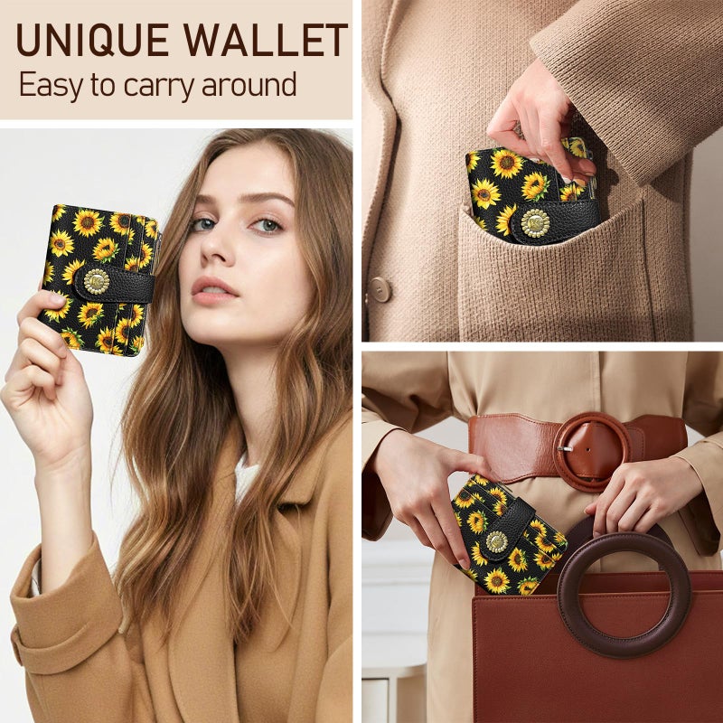 Kelvoris Sunflower Small Rfid Women Wallet Bifold Zipper Coin Pocket PU Leather Compact Cash Credit Card Holder Travel Wallet for Female Ladies Teen Girls 1 ID Window 10 Card Slots - Image 2