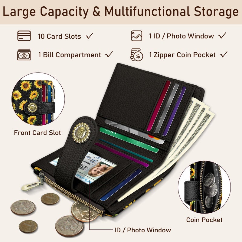 Kelvoris Sunflower Small Rfid Women Wallet Bifold Zipper Coin Pocket PU Leather Compact Cash Credit Card Holder Travel Wallet for Female Ladies Teen Girls 1 ID Window 10 Card Slots - Image 4