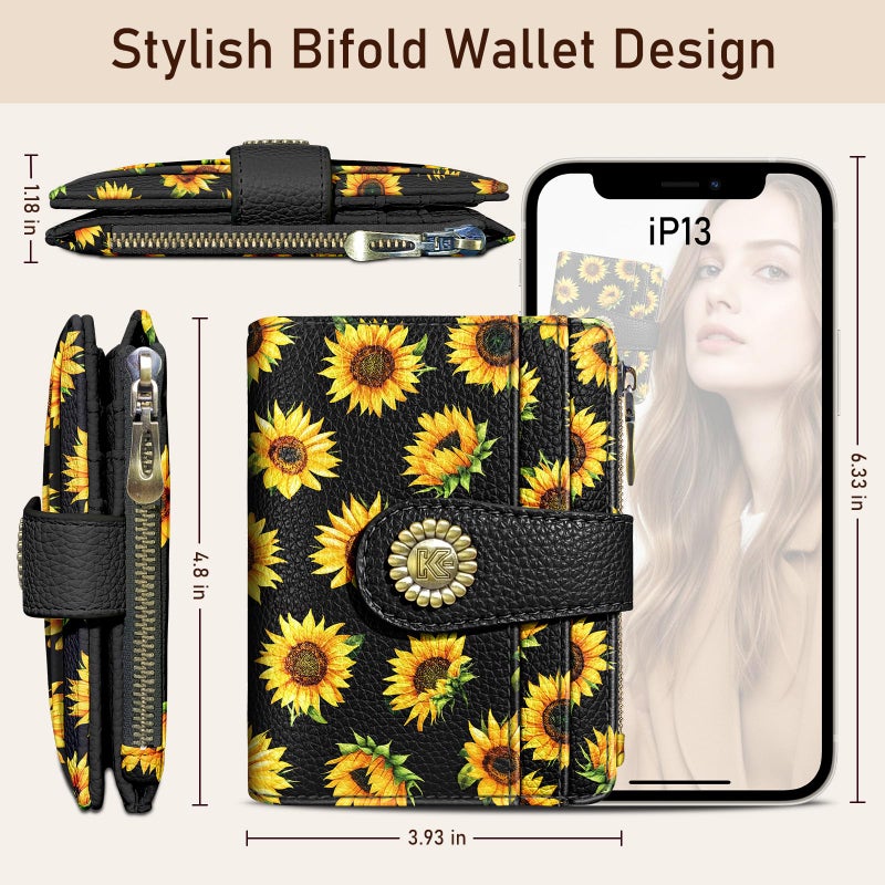 Kelvoris Sunflower Small Rfid Women Wallet Bifold Zipper Coin Pocket PU Leather Compact Cash Credit Card Holder Travel Wallet for Female Ladies Teen Girls 1 ID Window 10 Card Slots - Image 5