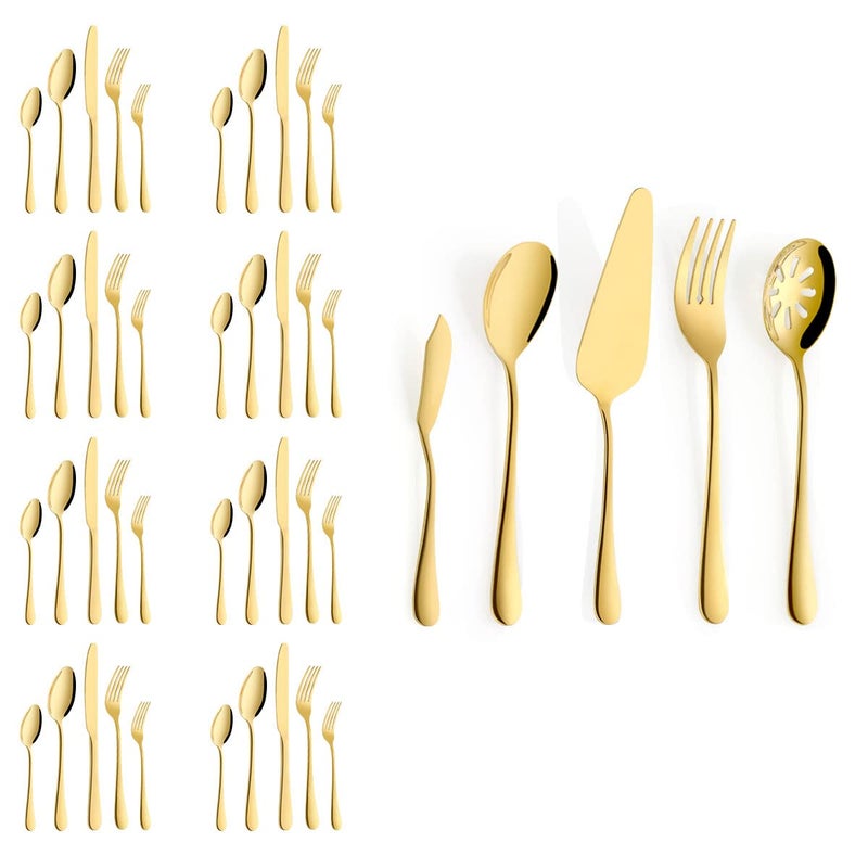 Gold Silverware Set for 8 OGORI 45Piece Stainless Steel Flatware Set with Serving Set Mirror Polished Cutlery Set with Serving Utensils Spoon for Kitchen Party Supply
