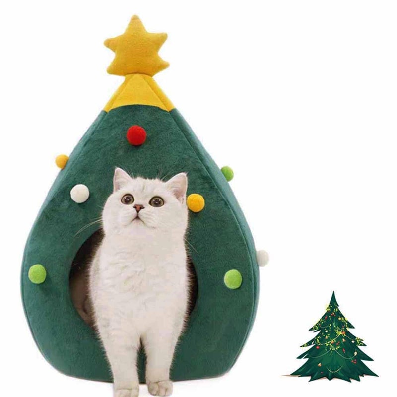 Ushang Pet Christmas Cat Beds, Christmas Tree Cat Beds House, Portable Indoor Cat Igloo Xmas Bed Cave for Small Dogs and Small Animals, Green - Image 1