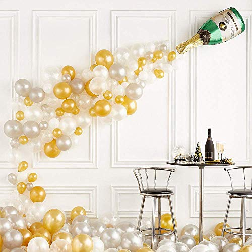 SOI Champagne Bottle Decoration | Champagne Bottles Balloons | Gold Silver Balloons For Decoration | White Silver Gold Balloon Garland Kit (Pack of - 46) - Image 1