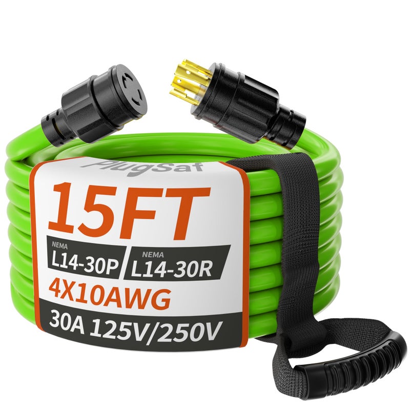 PlugSaf 15FT 30 Amp Generator Extension Cord 4 Prong NEMA L1430PL1430R 10 Gauge STW 125250V Twist Lock Generator Cord Heavy Duty Green ETL Listed - Image 2