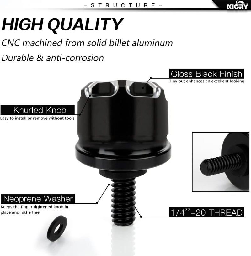 KICRY Seat Bolt Tab Screw Mount Knob Cover for Harley Quick-Release Hardware Kit - Black Knurled Billet Aluminum - Image 3