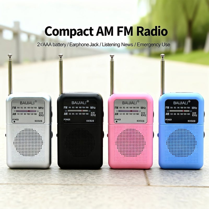 Black BAIJIALI Compact Pocket Radio AM FM Portable Speaker Headphone Jack - Image 2