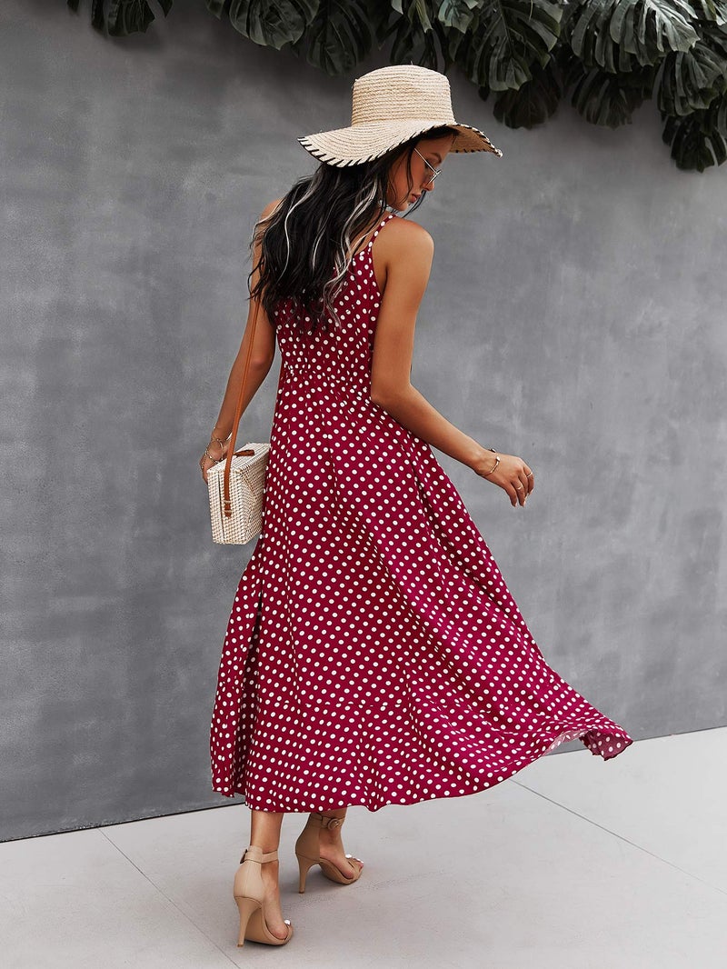 BROVAVE Women's 2025 Summer Casual Boho Sundress Polka Dot Spaghetti Strap V Neck Flowy Midi Dresses(008 Wine, Medium) - Image 3
