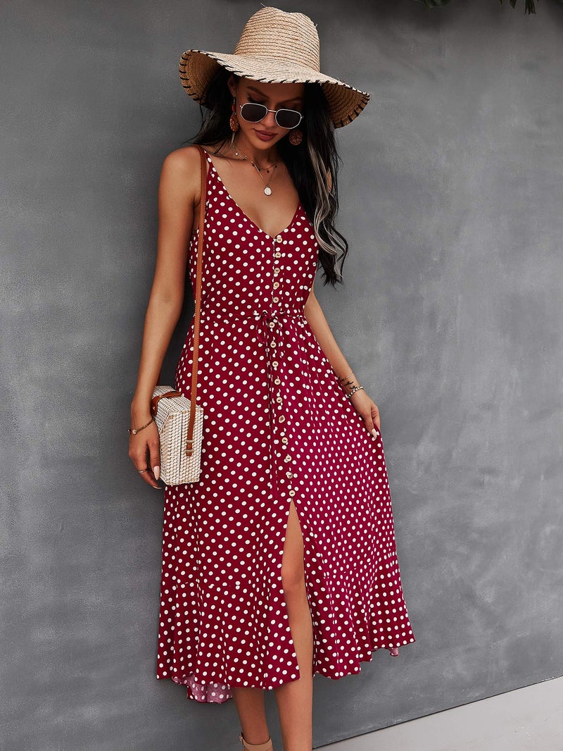 BROVAVE Women's 2025 Summer Casual Boho Sundress Polka Dot Spaghetti Strap V Neck Flowy Midi Dresses(008 Wine, Medium) - Image 2