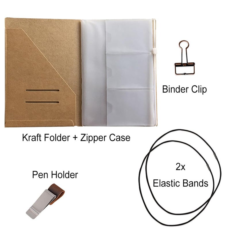 newestor A5 Travelers Notebook Accessories Kit - Kraft File Folder, Zipper Case, Pen Holder, Binder Clip and 2 Elastic Bands - Image 2