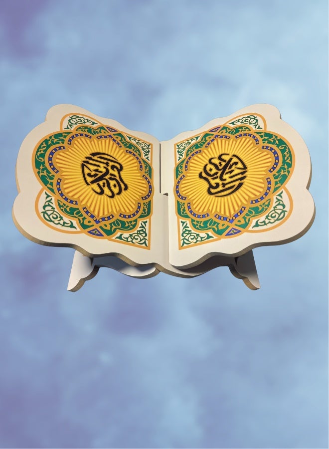 Traditional Green Islamic Pattern Quran Stand – Wooden Rehal with Floral Motif Decals – Lightweight Foldable Book Rest for Muslim Prayer & Study