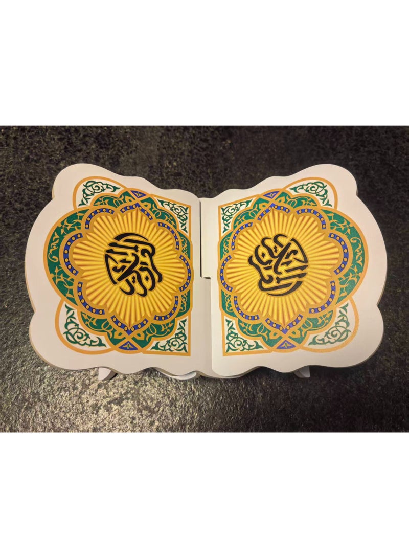 Fianser Traditional Green Islamic Pattern Quran Stand – Wooden Rehal with Floral Motif Decals – Lightweight Foldable Book Rest for Muslim Prayer & Study - Image 2