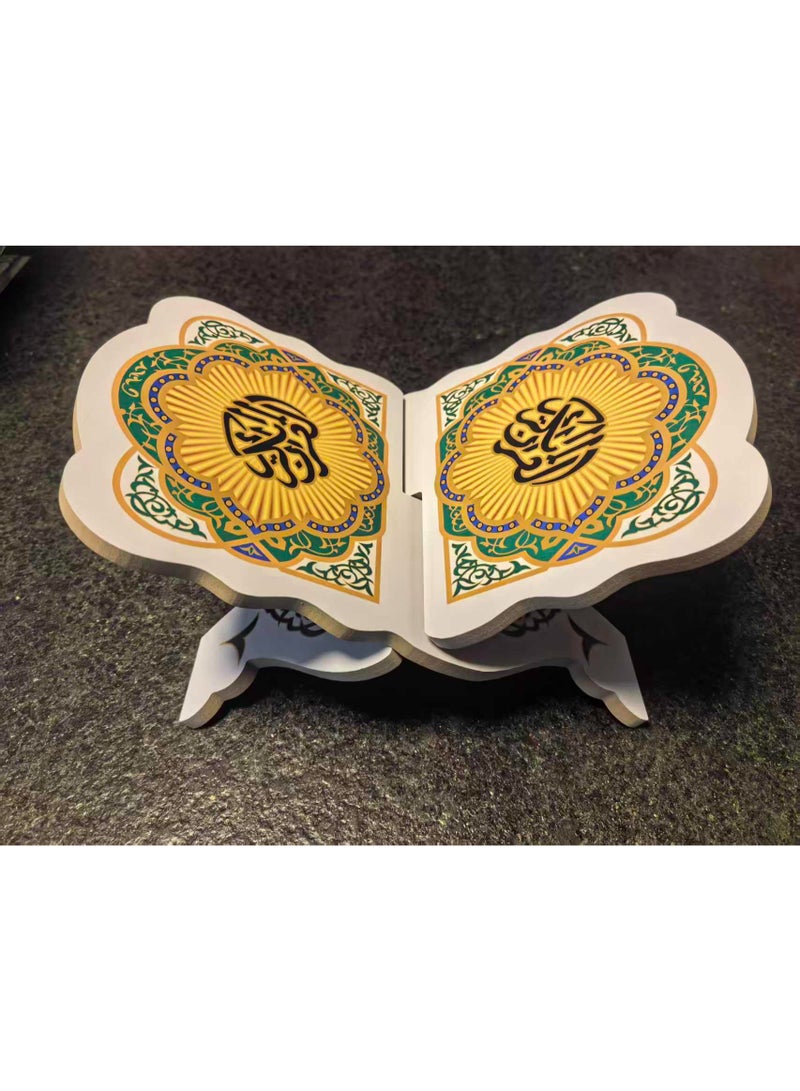 Fianser Traditional Green Islamic Pattern Quran Stand – Wooden Rehal with Floral Motif Decals – Lightweight Foldable Book Rest for Muslim Prayer & Study - Image 3