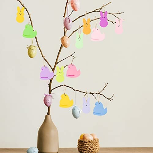 W1cwey Easter Decorative Hanging Ornaments - 40 Pcs Easter Peeps Bunny Chick Painted Wooden Hanging Ornament Decor Candy Color Pendant Hello Spring Easter Party Hanging Tree Decorations Art Crafts Tag - Image 5