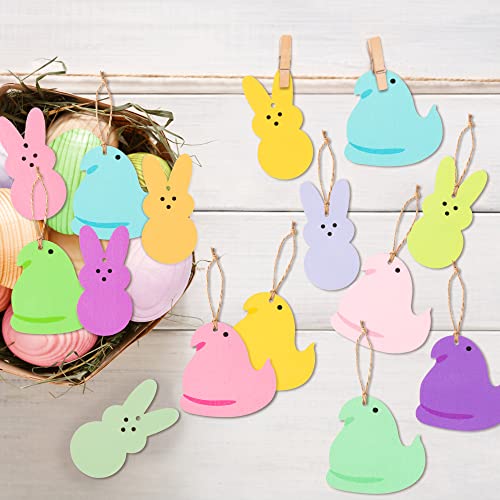 W1cwey Easter Decorative Hanging Ornaments - 40 Pcs Easter Peeps Bunny Chick Painted Wooden Hanging Ornament Decor Candy Color Pendant Hello Spring Easter Party Hanging Tree Decorations Art Crafts Tag - Image 4