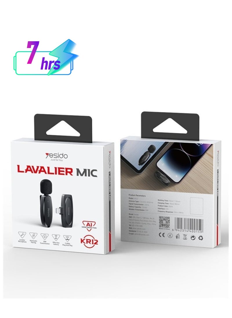 Yesido - LAVALIER MIC KR12 Noise AI Reduction Best Microphone For Vlogers Black - Image 1