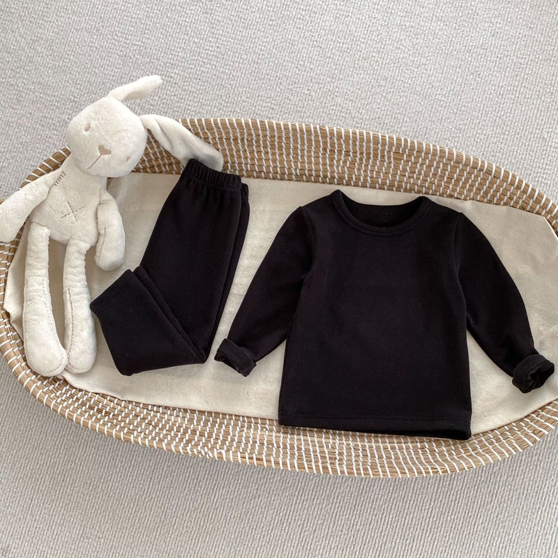 Autumn and Winter New Childrens Ginger Warm Velvet Suit Solid Color Simple Warm Velvet Base Shirt Baby Home Clothes Two-piece Set Khaki - Image 2