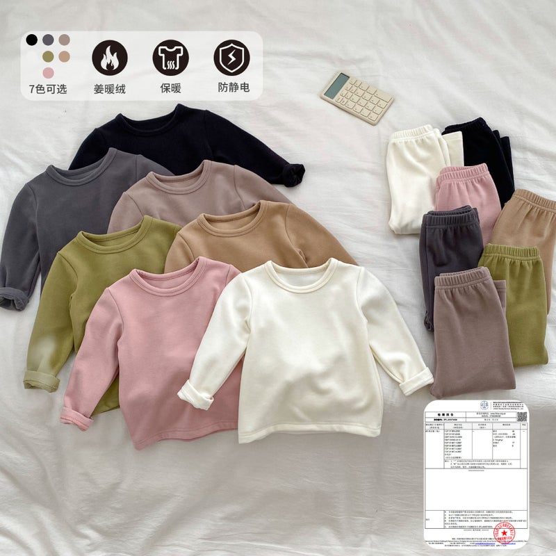 Autumn and Winter New Childrens Ginger Warm Velvet Suit Solid Color Simple Warm Velvet Base Shirt Baby Home Clothes Two-piece Set Khaki - Image 5