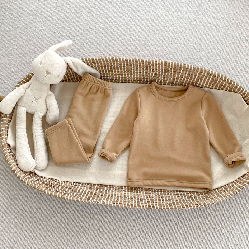 Autumn and Winter New Childrens Ginger Warm Velvet Suit Solid Color Simple Warm Velvet Base Shirt Baby Home Clothes Two-piece Set Khaki - Image 1