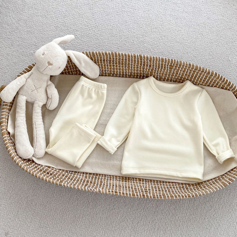 Autumn and Winter New Childrens Ginger Warm Velvet Suit Solid Color Simple Warm Velvet Base Shirt Baby Home Clothes Two-piece Set Khaki - Image 4