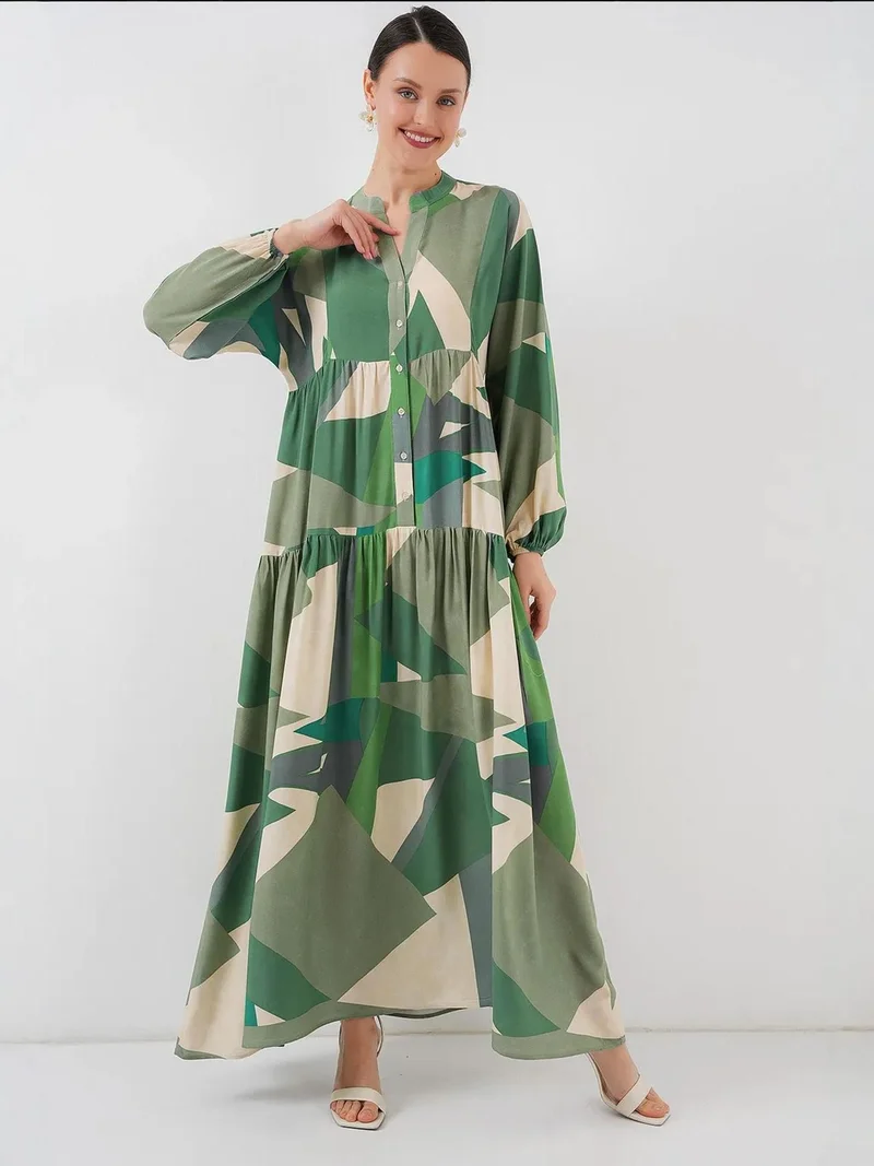 بيغ دارت BDART Printed V-Neck Maxi Dress with Button Closure