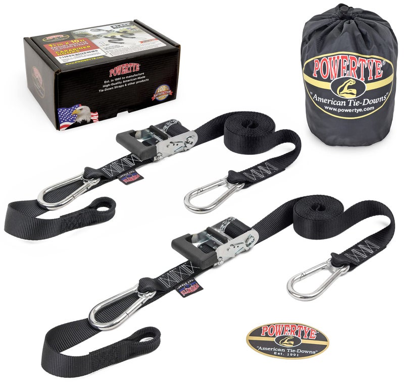 PowerTye - Made in USA - Extra Long Ratchet Tie Down Straps, Heavy Duty with Carabiner Hooks, Soft-Tye & Bag, for Motorcycle, ATV & Cargo, 1,000 lb WLL, 1.5 inch x 10ft Long, Black/Black (Pair) - Image 1