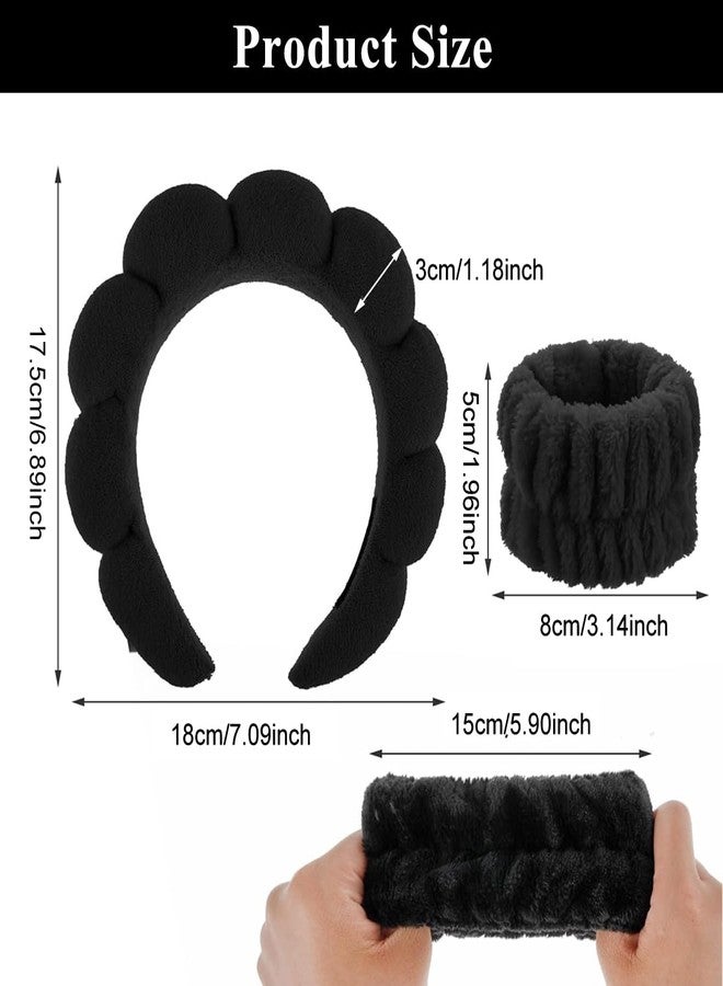 ماي كرييت طقم ربطة رأس وسوار معصم من MAYCREATE® لغسل الوجه للنساء والفتيات، إسفنجة دوار الشمس، ربطة شعر، ربطة معصم من الفلانيل للعناية بالبشرة، مجموعة إكسسوارات وجه مرنة ناعمة - أسود - Image 2