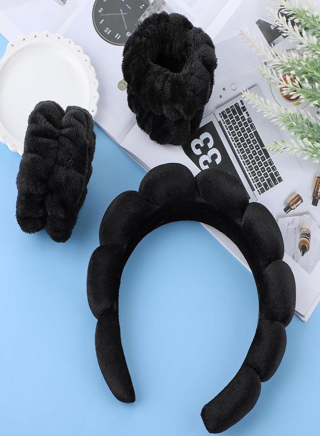 ماي كرييت طقم ربطة رأس وسوار معصم من MAYCREATE® لغسل الوجه للنساء والفتيات، إسفنجة دوار الشمس، ربطة شعر، ربطة معصم من الفلانيل للعناية بالبشرة، مجموعة إكسسوارات وجه مرنة ناعمة - أسود - Image 4